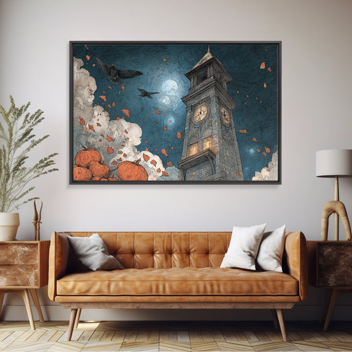 The October Clock Tower - Surreal Celestial Vision, Halloween Wall Art, Landscape Wall Art, Framed Canvas Print, Halloween Home Decor