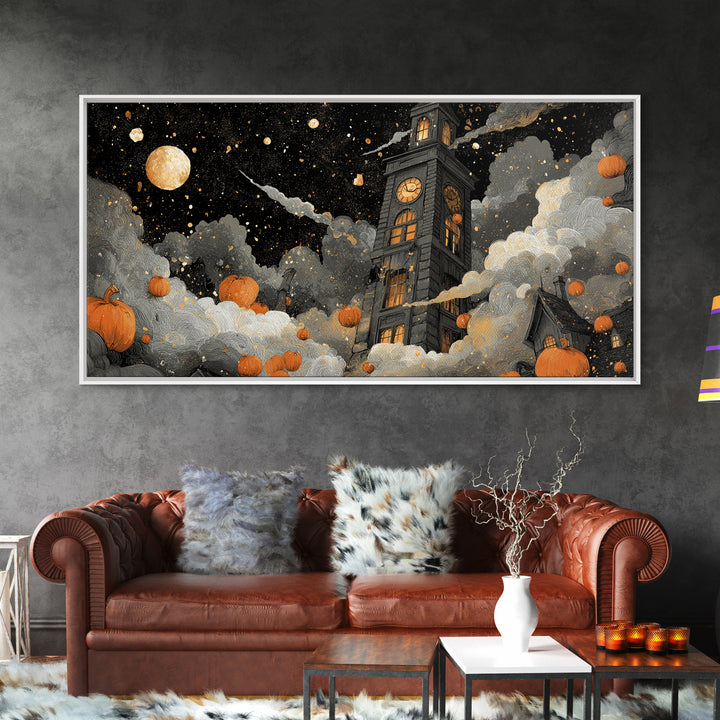 The October Clock Tower - Surreal Celestial Vision, Spooky Wall Decor, Wide Panoramic Art, Framed Canvas Print, Halloween Home Decor