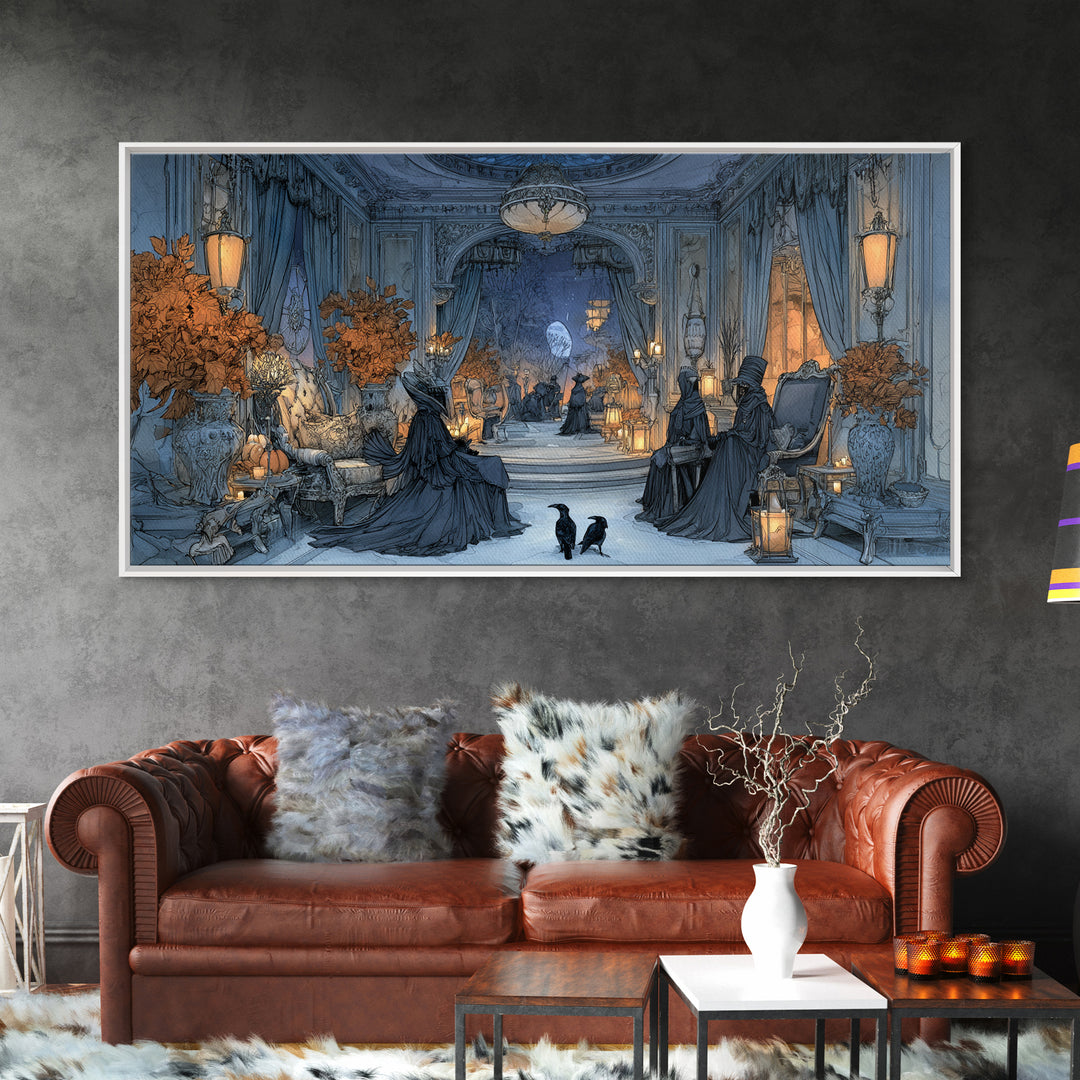 The Spider Queen Parlor - Procession Scene, Spooky Wall Decor, Wide Panoramic Art, Framed Canvas Print, Halloween Home Decor