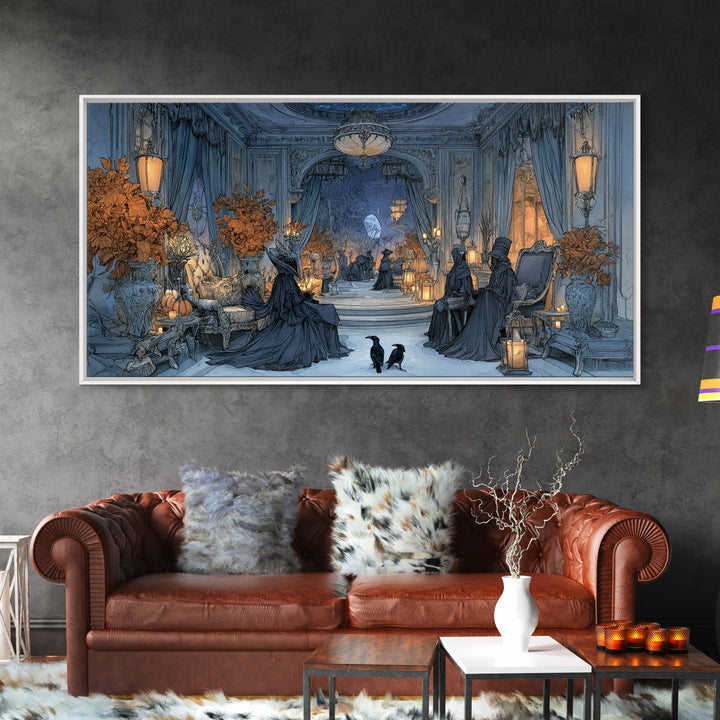 The Spider Queen Parlor - Procession Scene, Spooky Wall Decor, Wide Panoramic Art, Framed Canvas Print, Halloween Home Decor