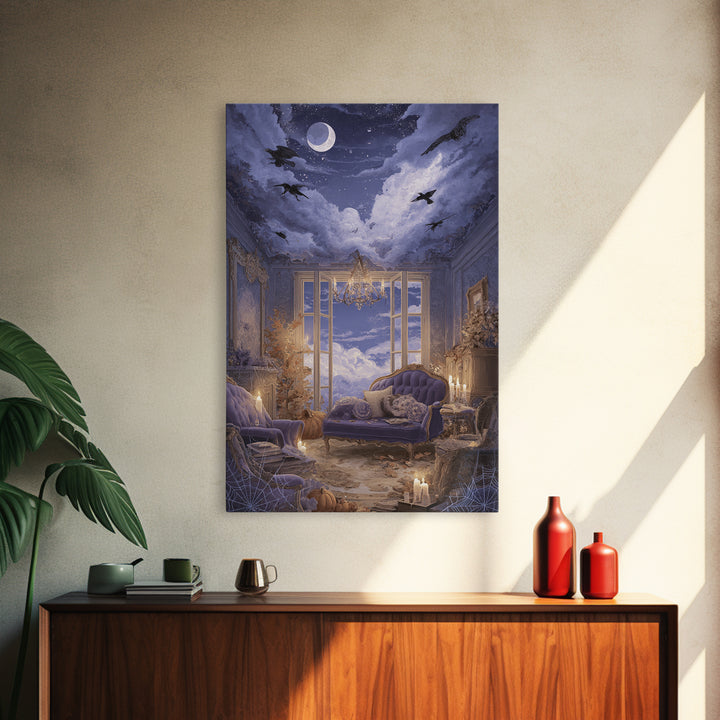 The Spider Queen Parlor - Surreal Celestial Vision, Macabre Halloween Art, Vertical Wall Art, Framed Canvas Print, Halloween Home Decor