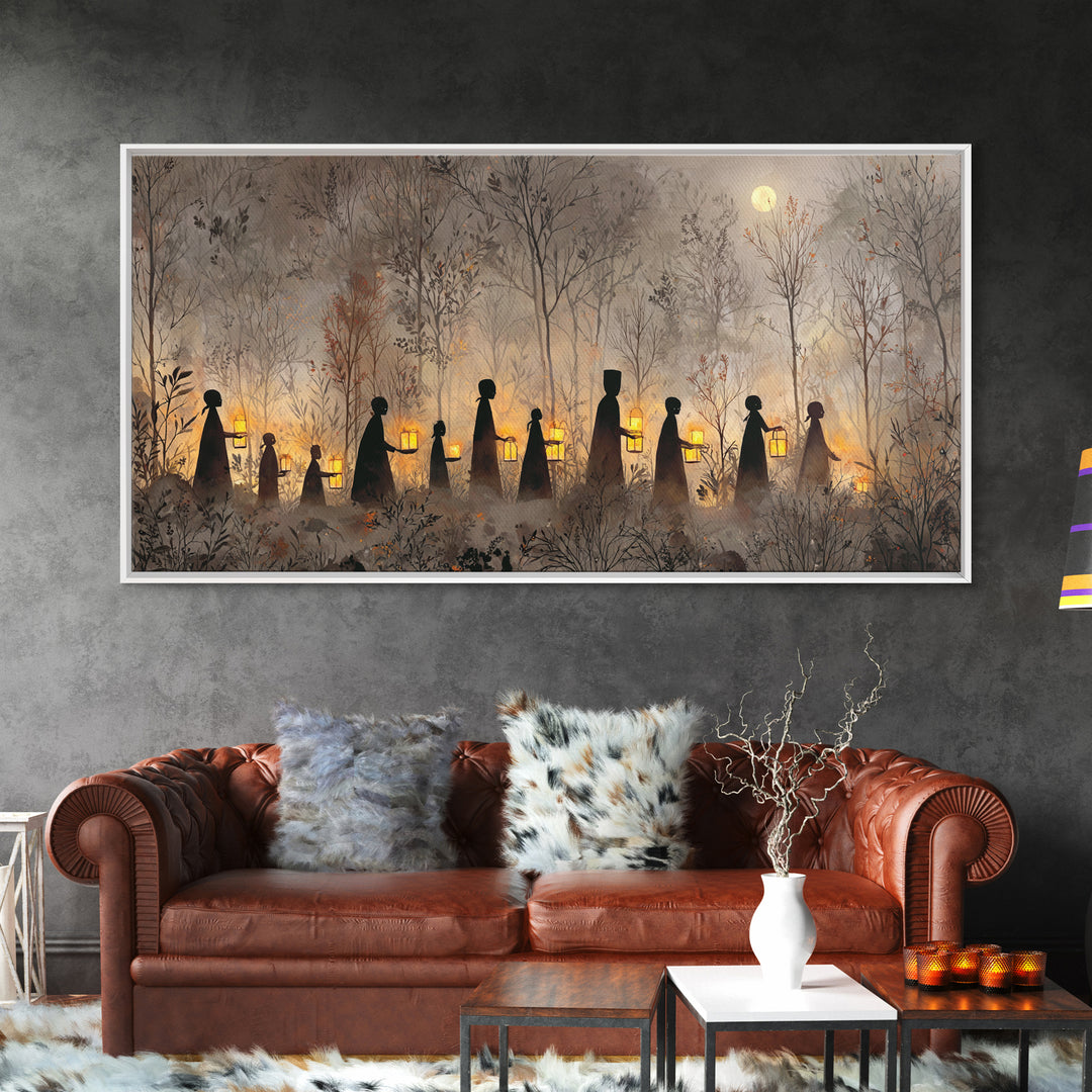 The Golden Funeral Procession - Icon Portrait, Macabre Halloween Art, Wide Panoramic Art, Framed Canvas Print, Halloween Home Decor