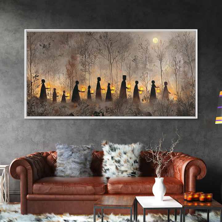 The Golden Funeral Procession - Icon Portrait, Macabre Halloween Art, Wide Panoramic Art, Framed Canvas Print, Halloween Home Decor