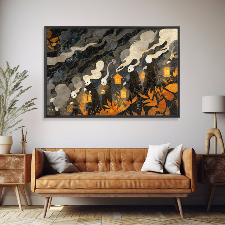 The Golden Funeral Procession - Procession Scene, Spooky Wall Decor, Landscape Wall Art, Framed Canvas Print, Halloween Home Decor