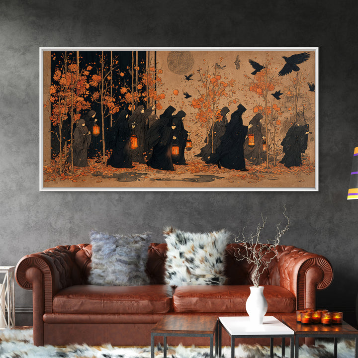 The Golden Funeral Procession - Procession Scene, Spooky Wall Decor, Wide Panoramic Art, Framed Canvas Print, Halloween Home Decor