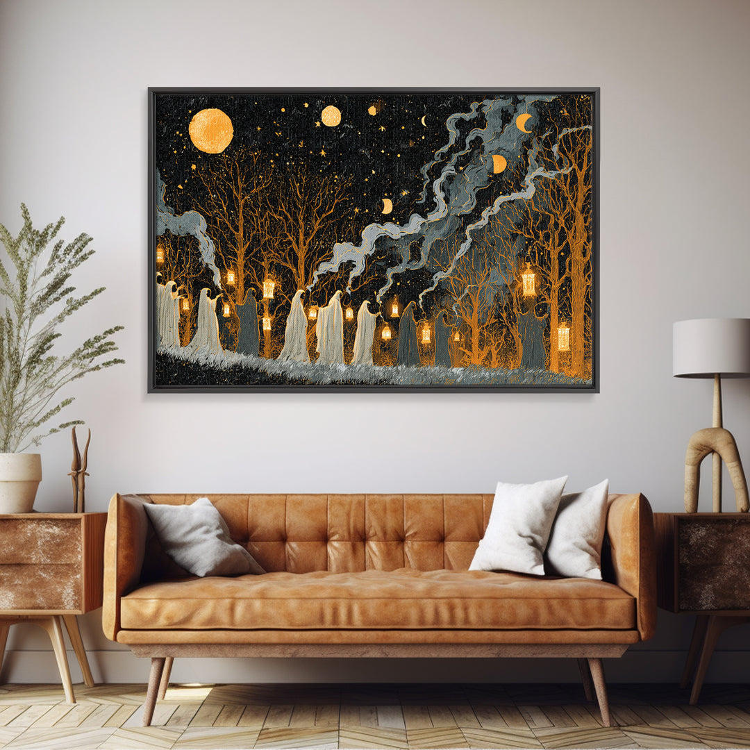 The Golden Funeral Procession - Surreal Celestial Vision, Occult Wall Decor, Landscape Wall Art, Canvas Print, Halloween Home Decor