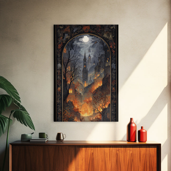 The Monster In The Mirror Cabinet - Environmental Panorama, Macabre Halloween Art, Vertical Wall Art, Framed Canvas Print, Gothic Wall Art