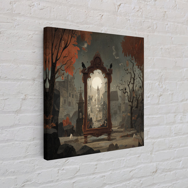 The Monster In The Mirror Cabinet - Environmental Panorama, Halloween Wall Art, Square Wall Art, Framed Canvas Print, Halloween Home Decor