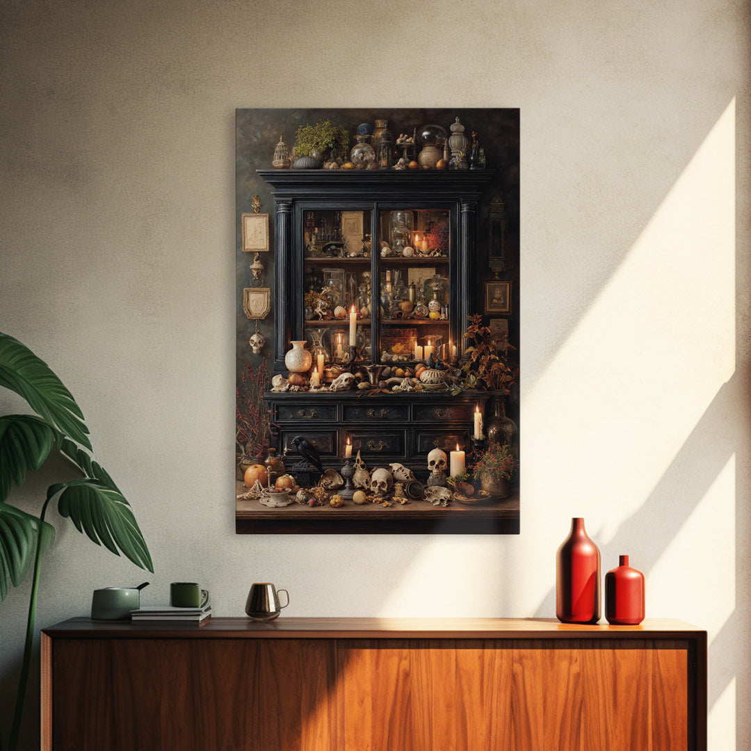 The Monster In The Mirror Cabinet - Occult Still Life, Macabre Halloween Art, Vertical Wall Art, Framed Canvas Print, Halloween Home Decor