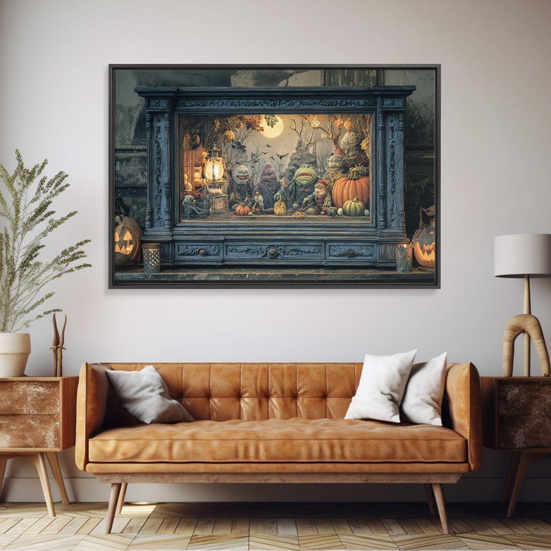 The Monster In The Mirror Cabinet - Procession Scene, Macabre Halloween Art, Landscape Wall Art, Framed Canvas Print, Halloween Home Decor