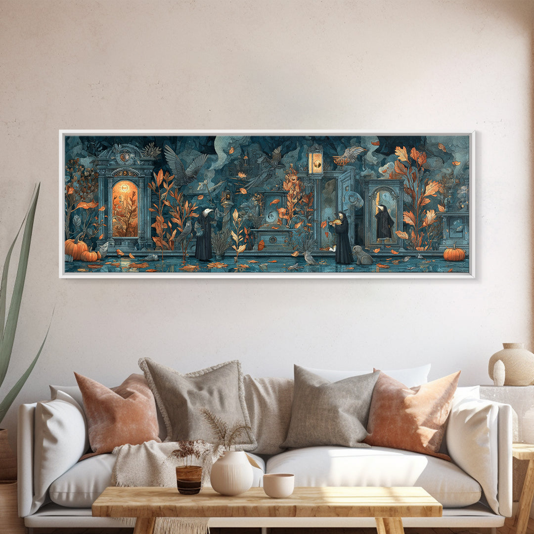 The Monster In The Mirror Cabinet - Procession Scene, Occult Wall Decor, Extra Wide Wall Art, Canvas Print, Halloween Home Decor
