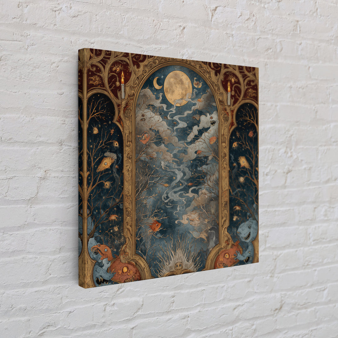 The Monster In The Mirror Cabinet - Surreal Celestial Vision, Macabre Halloween Art, Square Wall Art, Framed Canvas Print, Gothic Wall Art