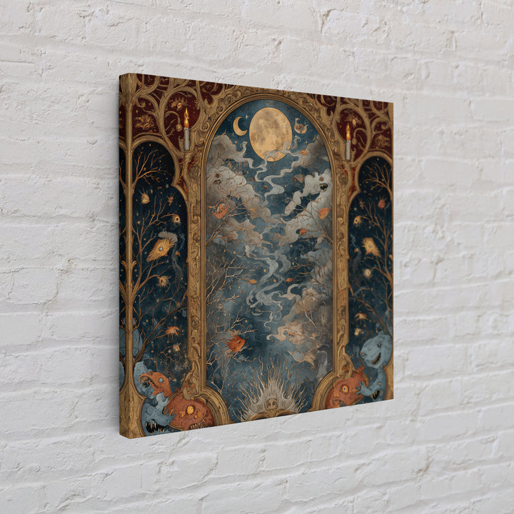 The Monster In The Mirror Cabinet - Surreal Celestial Vision, Macabre Halloween Art, Square Wall Art, Framed Canvas Print, Gothic Wall Art