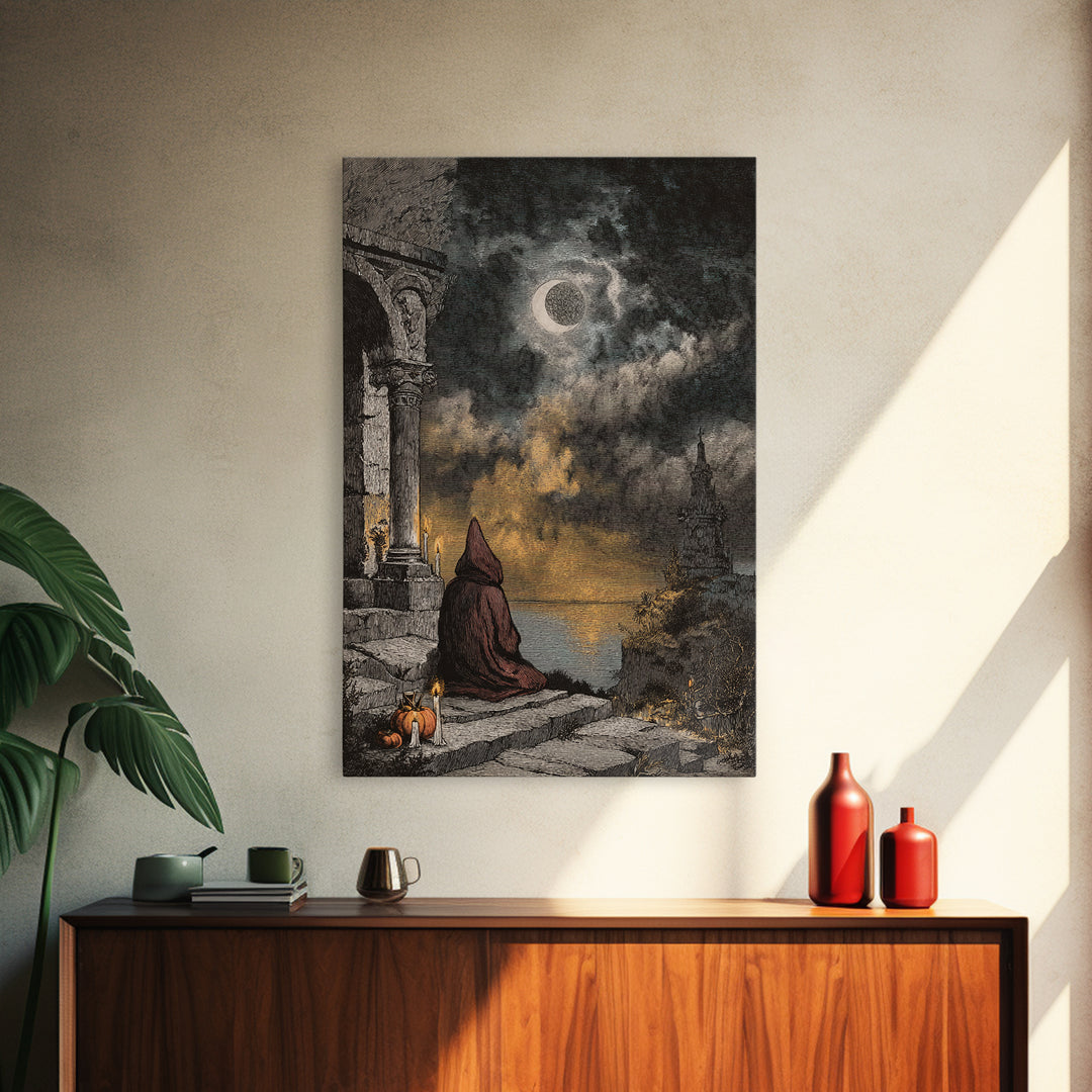 The Dreaming Priest Of The Outer Gate, Cosmic Horror Decor, Vertical Wall Art, Canvas Print, Halloween Home Decor, Gothic Wall Art
