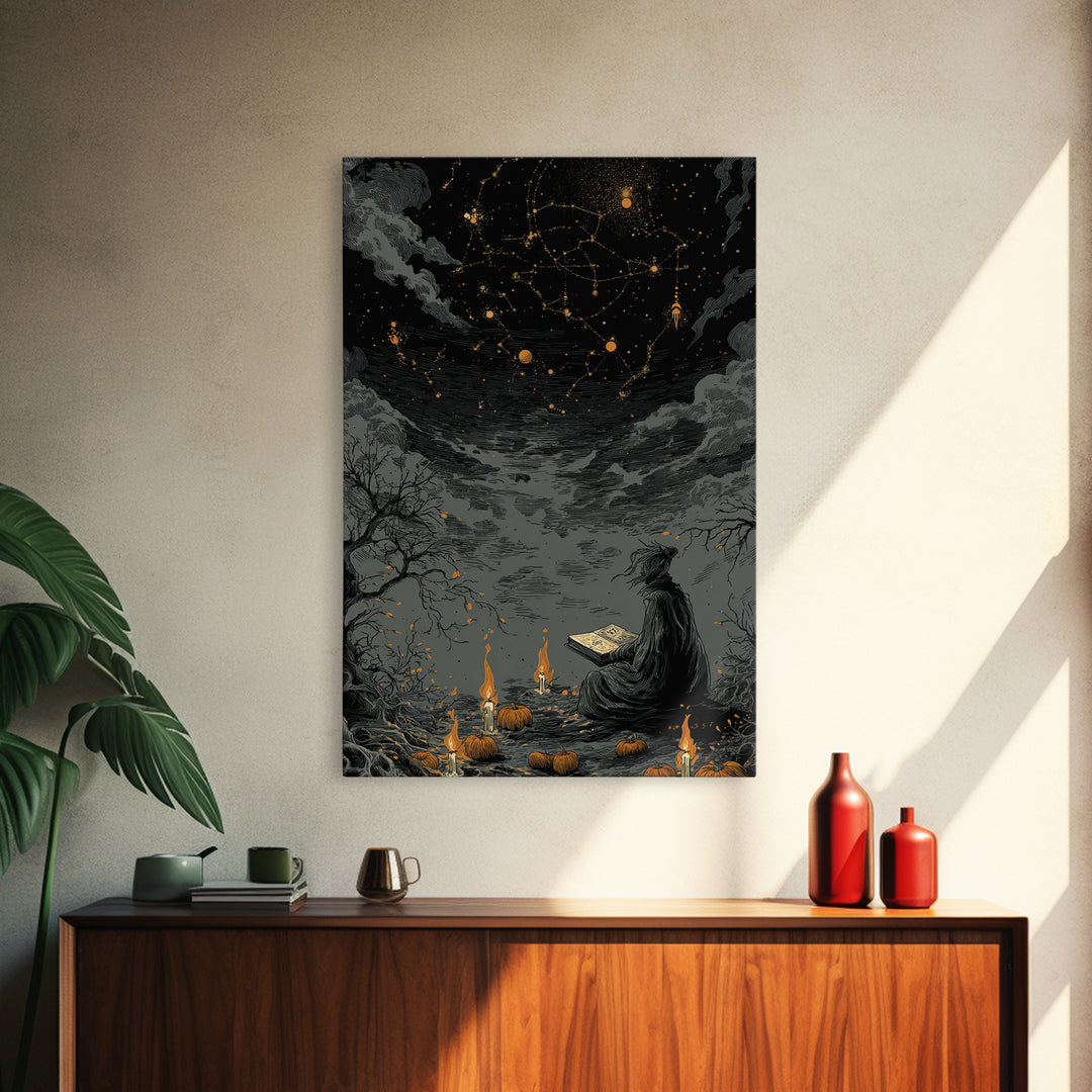 The Librarian Of Forbidden Tides, Dark Fantasy Wall Art, Vertical Wall Art, Framed Canvas Print, Halloween Home Decor, Gothic Wall Art