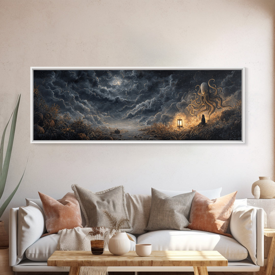 The Watcher In The Coral Throne, Gothic Home Decor, Extra Wide Wall Art, Canvas Print, Halloween Home Decor, Gothic Wall Art