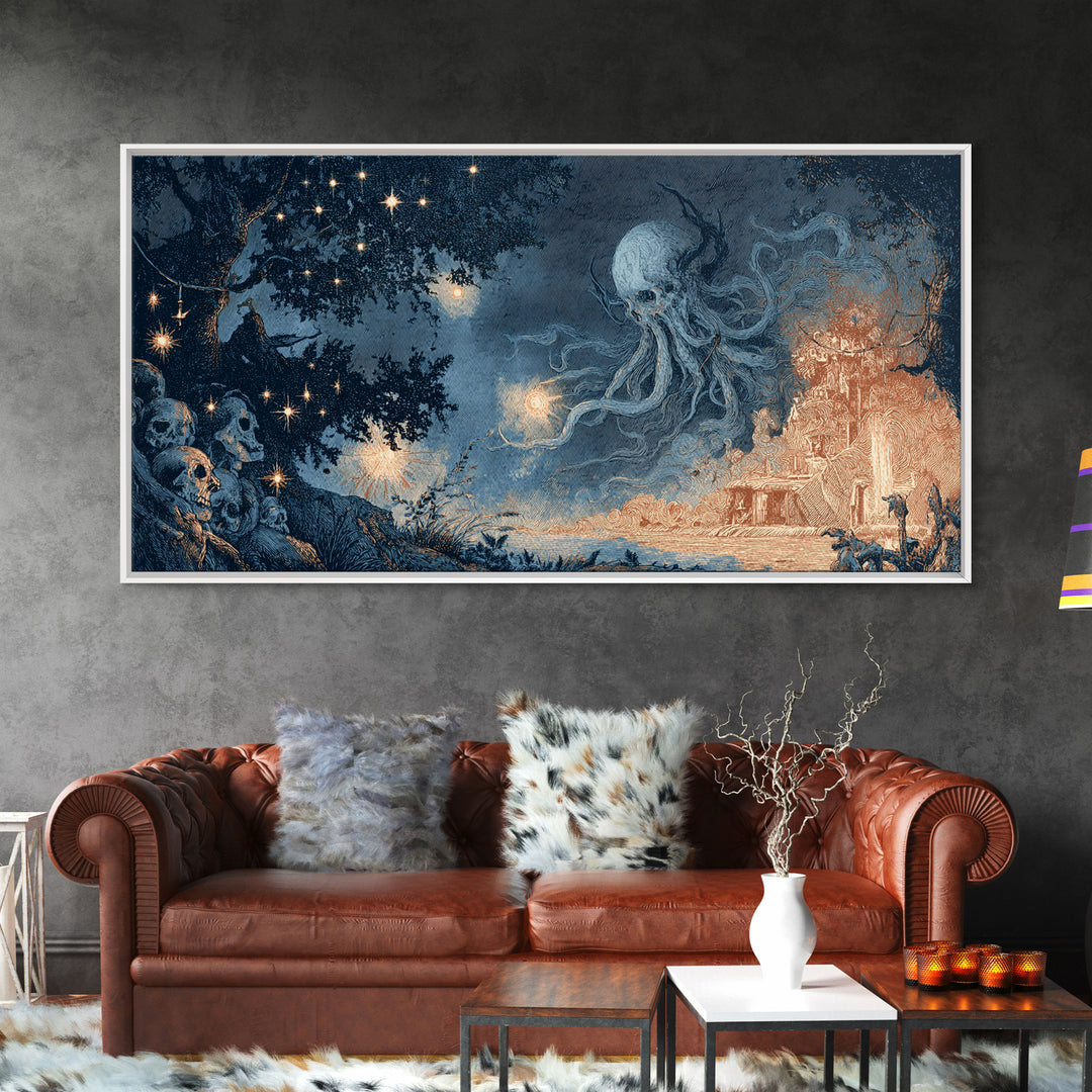 The Bellringer Of The Sunken Cathedral, Spooky Wall Decor, Wide Panoramic Art, Framed Canvas Print, Halloween Home Decor, Gothic Wall Art