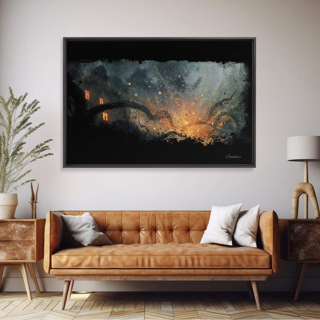The Crawler Beneath The Floor Of Stars, Spooky Wall Decor, Landscape Wall Art, Framed Canvas Print, Halloween Home Decor, Gothic Wall Art