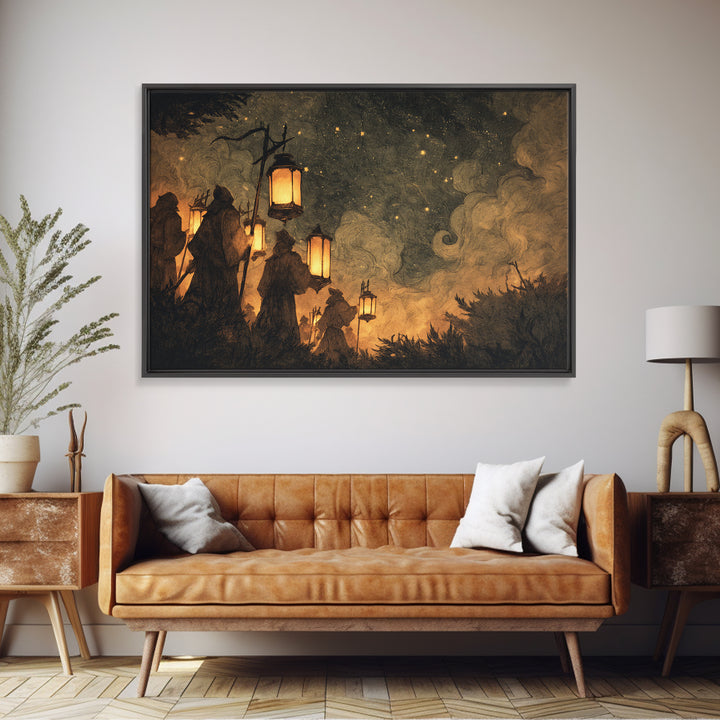 The Innsmouth Lantern Procession, Lovecraftian Wall Art, Landscape Wall Art, Framed Canvas Print, Halloween Home Decor, Gothic Wall Art
