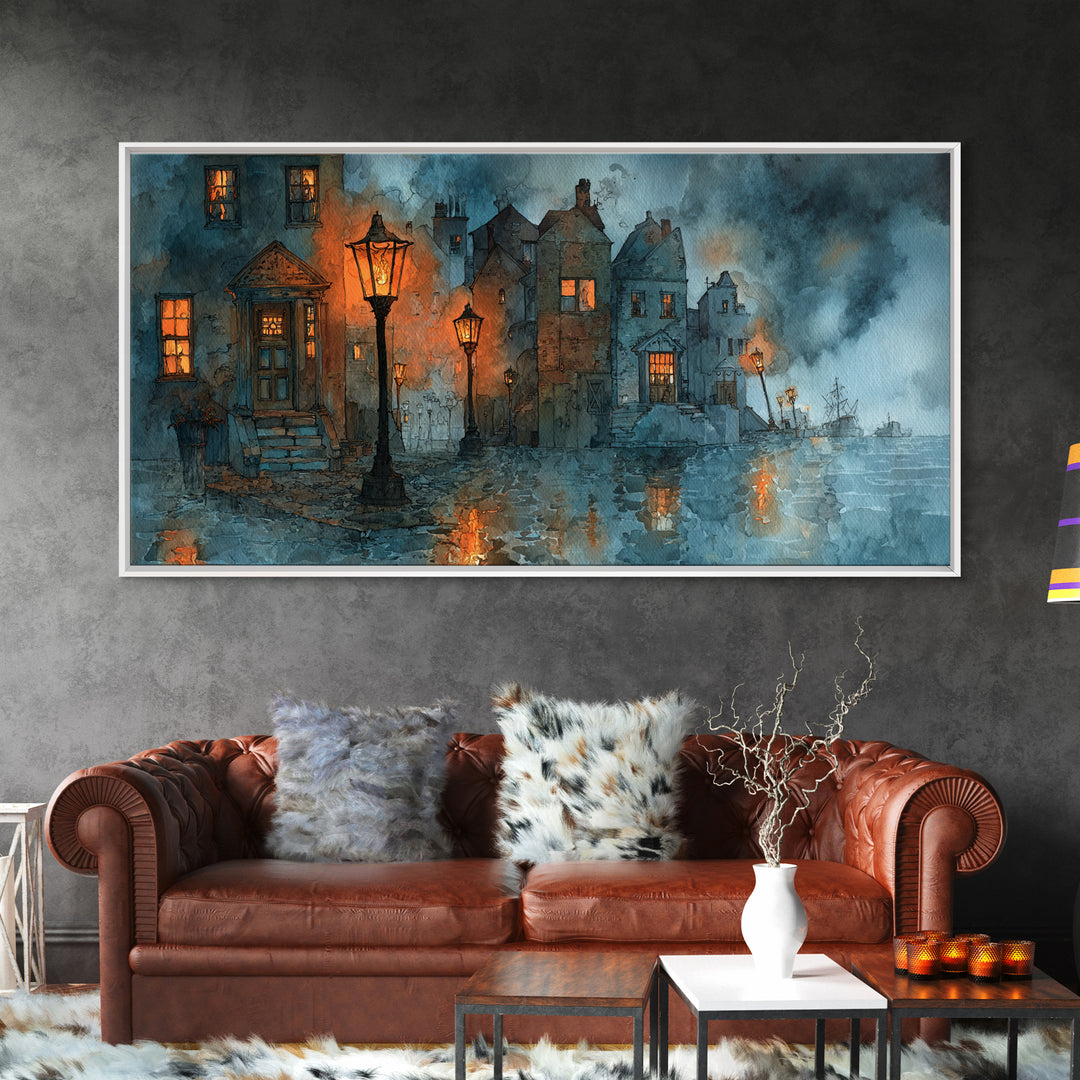 The Innsmouth Lantern Procession, Occult Wall Decor, Wide Panoramic Art, Framed Canvas Print, Halloween Home Decor, Gothic Wall Art
