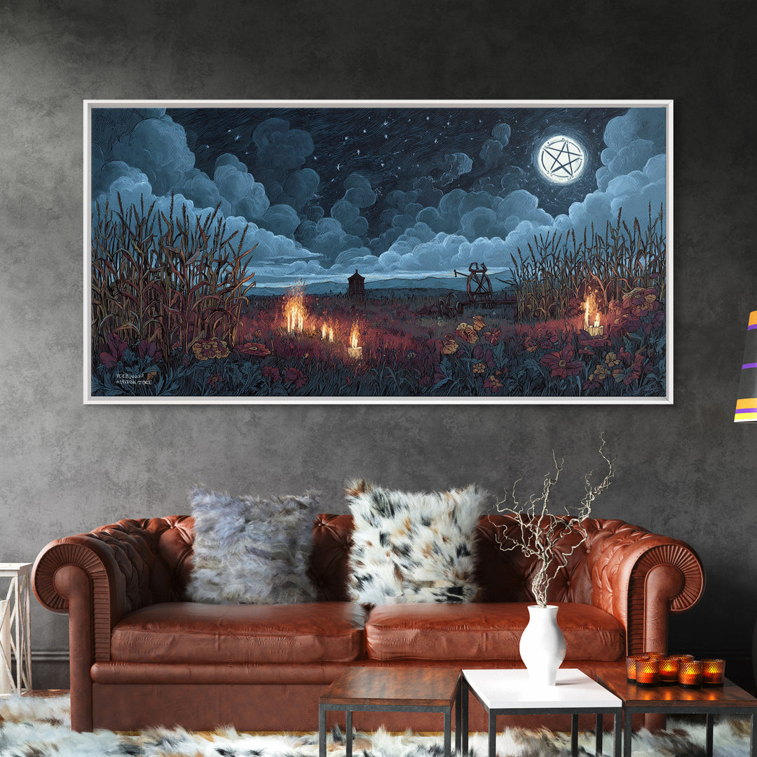 The Harvest Of The Eldritch Field, Occult Wall Decor, Wide Panoramic Art, Framed Canvas Print, Halloween Home Decor, Gothic Wall Art