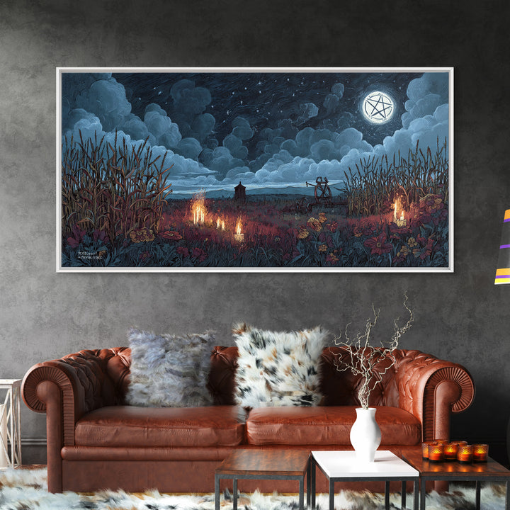 The Harvest Of The Eldritch Field, Occult Wall Decor, Wide Panoramic Art, Framed Canvas Print, Halloween Home Decor, Gothic Wall Art