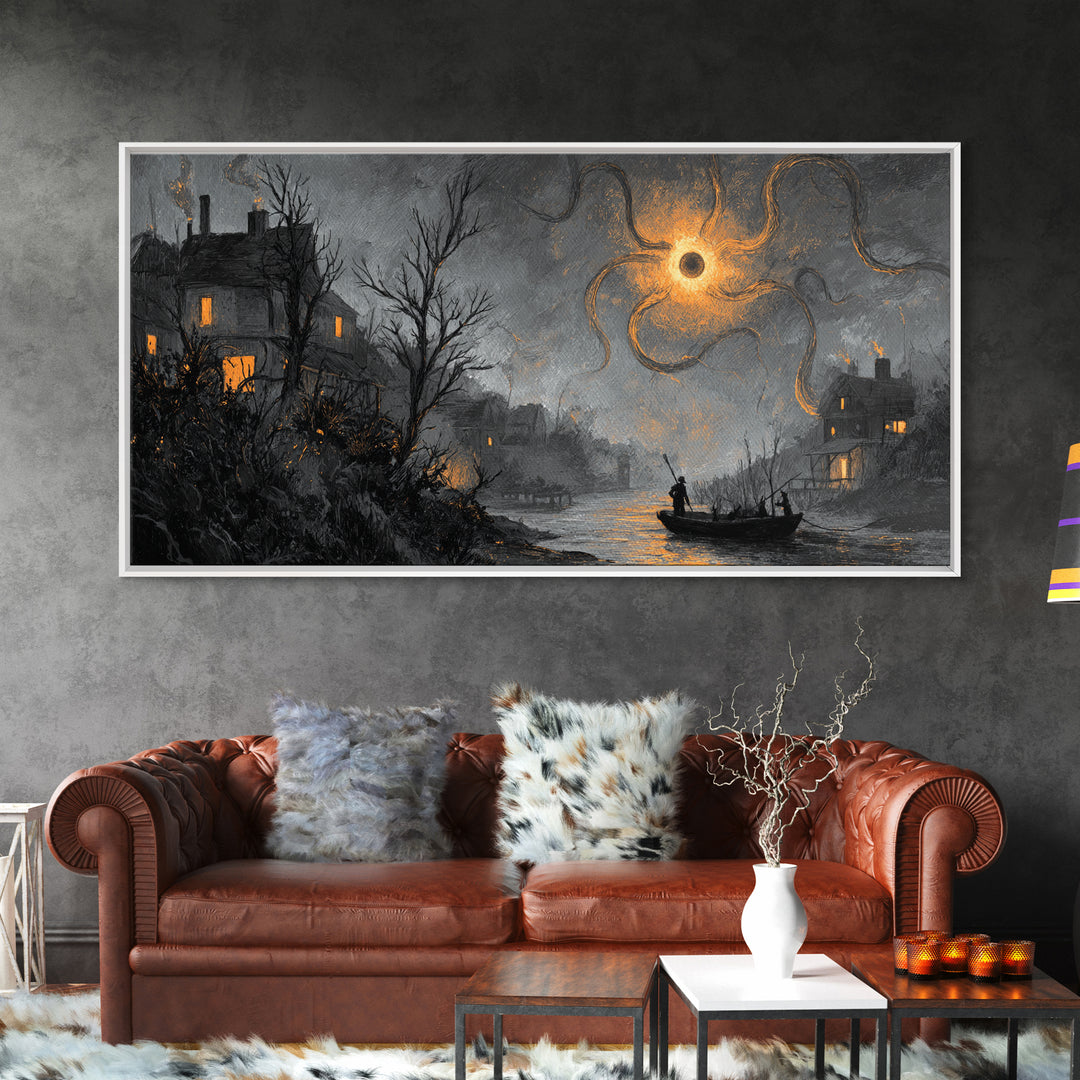 The Ferryman Of The Outer Marsh, Dark Fantasy Wall Art, Wide Panoramic Art, Canvas Print, Halloween Home Decor, Gothic Wall Art