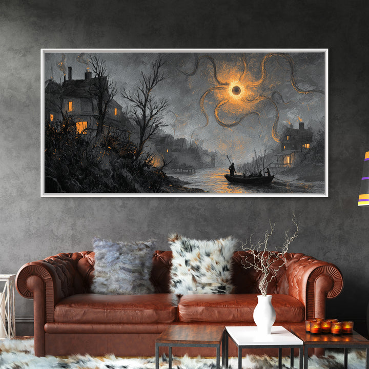 The Ferryman Of The Outer Marsh, Dark Fantasy Wall Art, Wide Panoramic Art, Canvas Print, Halloween Home Decor, Gothic Wall Art