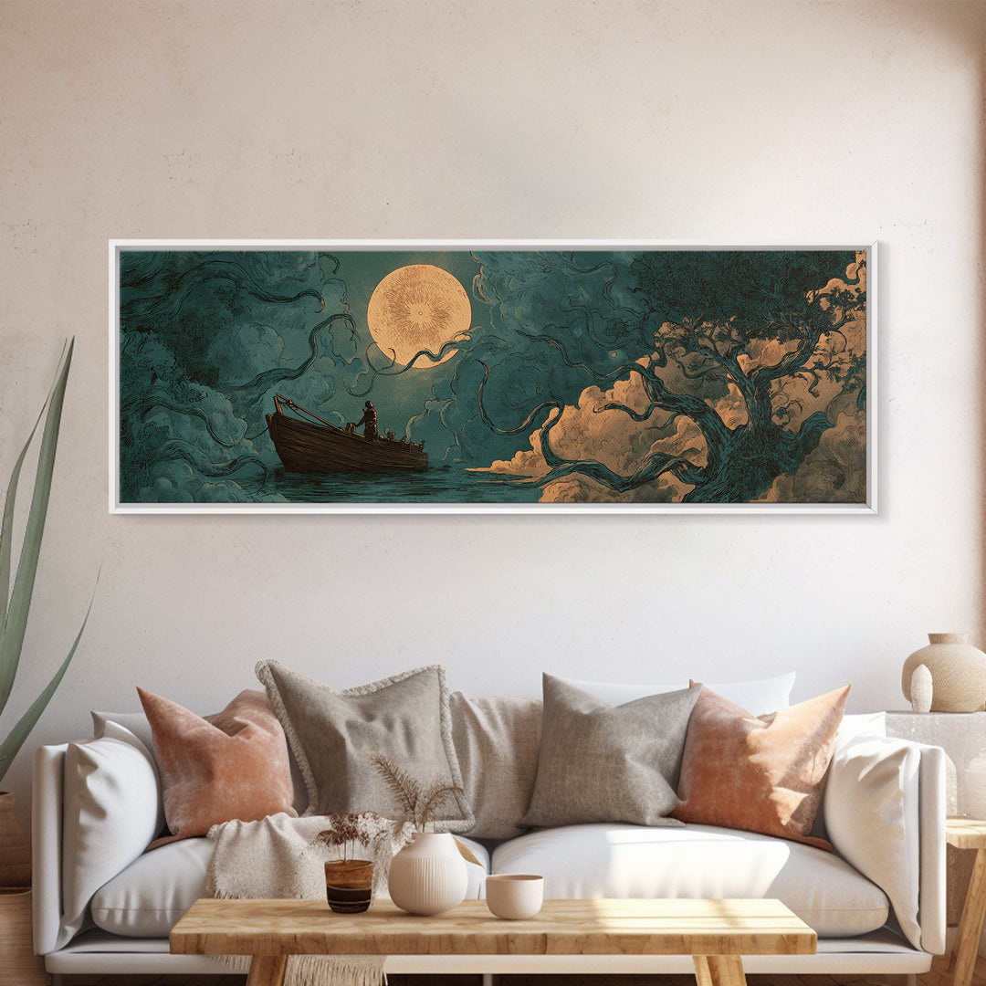 The Ferryman Of The Outer Marsh, Spooky Wall Decor, Extra Wide Wall Art, Framed Canvas Print, Halloween Home Decor, Gothic Wall Art