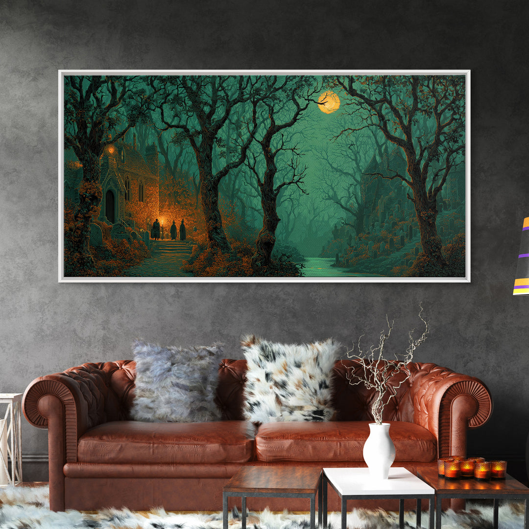 The Grave Gardener Of Yuggoth, Macabre Halloween Art, Wide Panoramic Art, Framed Canvas Print, Halloween Home Decor, Gothic Wall Art