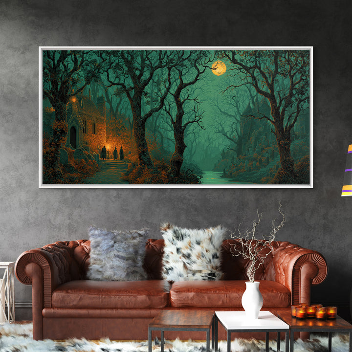 The Grave Gardener Of Yuggoth, Macabre Halloween Art, Wide Panoramic Art, Framed Canvas Print, Halloween Home Decor, Gothic Wall Art