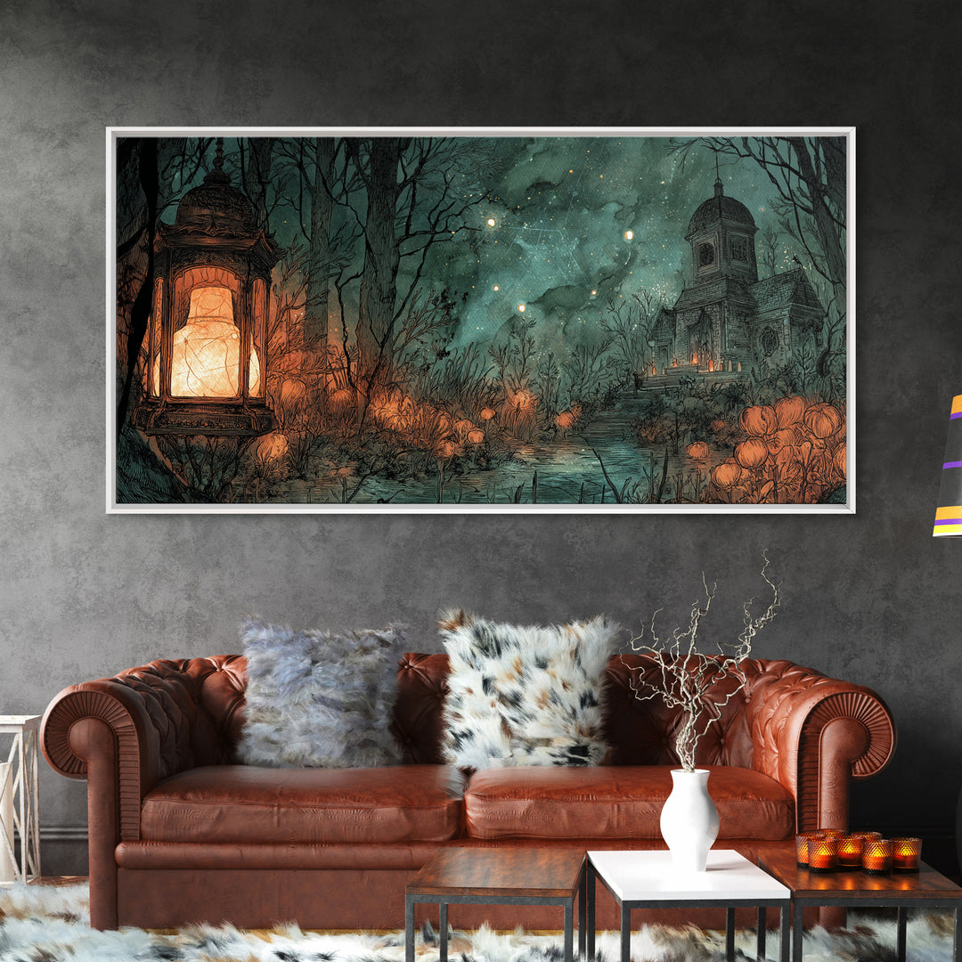 The Lantern Market Beyond The Veil, Eldritch Wall Art, Wide Panoramic Art, Canvas Print, Halloween Home Decor, Gothic Wall Art