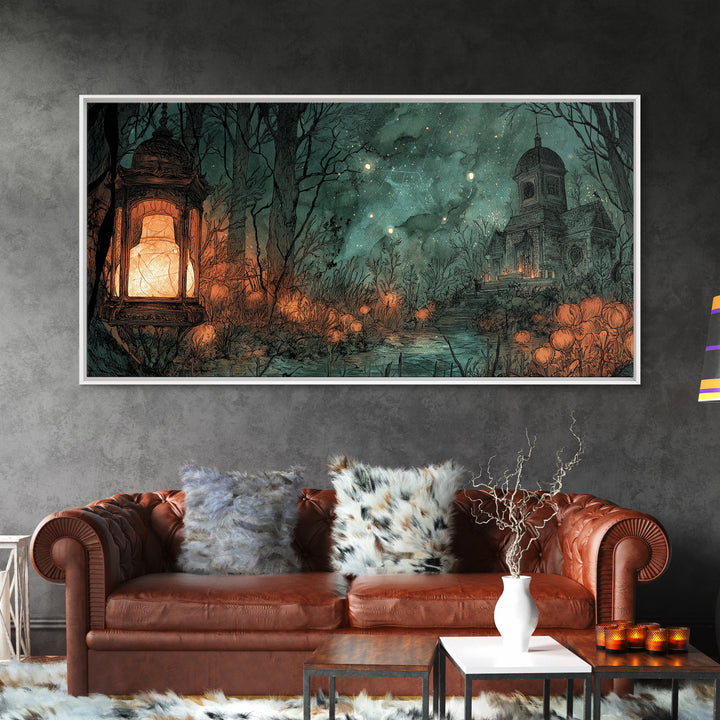 The Lantern Market Beyond The Veil, Eldritch Wall Art, Wide Panoramic Art, Canvas Print, Halloween Home Decor, Gothic Wall Art