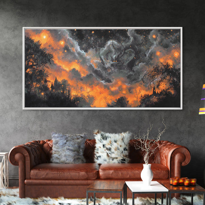 The Moth Prophet Of Kadath, Spooky Wall Decor, Wide Panoramic Art, Framed Canvas Print, Halloween Home Decor, Gothic Wall Art