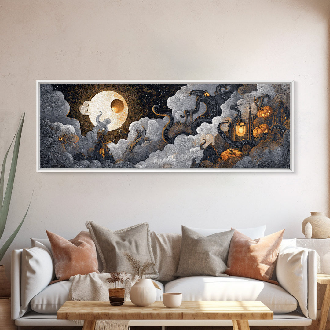 The Moonlit Shoggoth Menagerie, Macabre Halloween Art, Extra Wide Wall Art, Framed Canvas Print, Halloween Home Decor, Gothic Wall Art