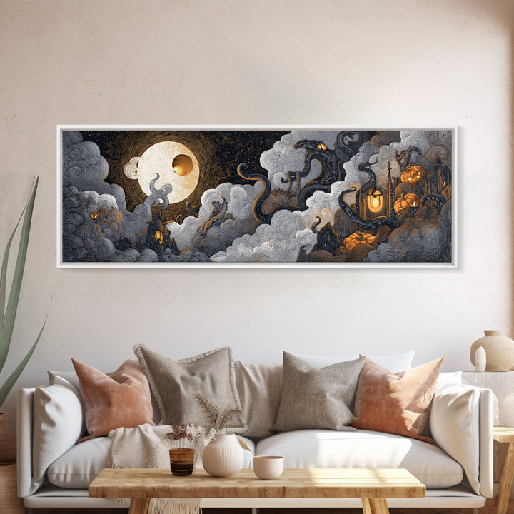 The Moonlit Shoggoth Menagerie, Macabre Halloween Art, Extra Wide Wall Art, Framed Canvas Print, Halloween Home Decor, Gothic Wall Art