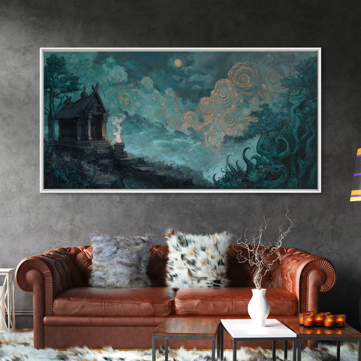The Custodian Of The Whispering Idol, Cosmic Horror Decor, Wide Panoramic Art, Canvas Print, Halloween Home Decor, Gothic Wall Art