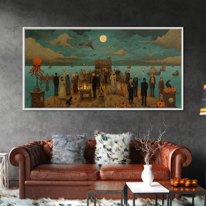 The Tea Party At Innsmouth Pier, Macabre Halloween Art, Wide Panoramic Art, Canvas Print, Halloween Home Decor, Gothic Wall Art