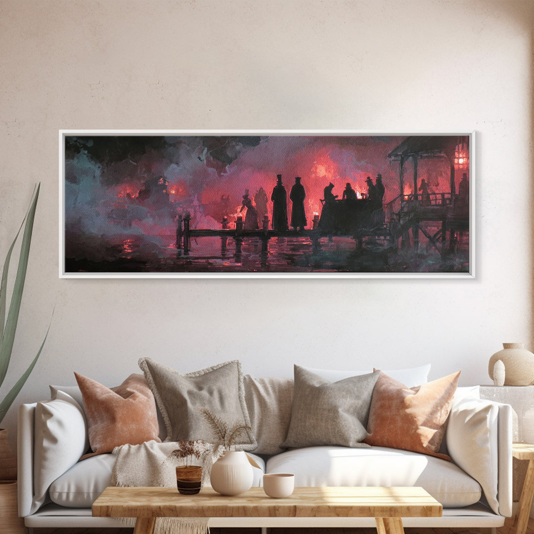 The Tea Party At Innsmouth Pier, Halloween Wall Art, Extra Wide Wall Art, Framed Canvas Print, Halloween Home Decor, Gothic Wall Art