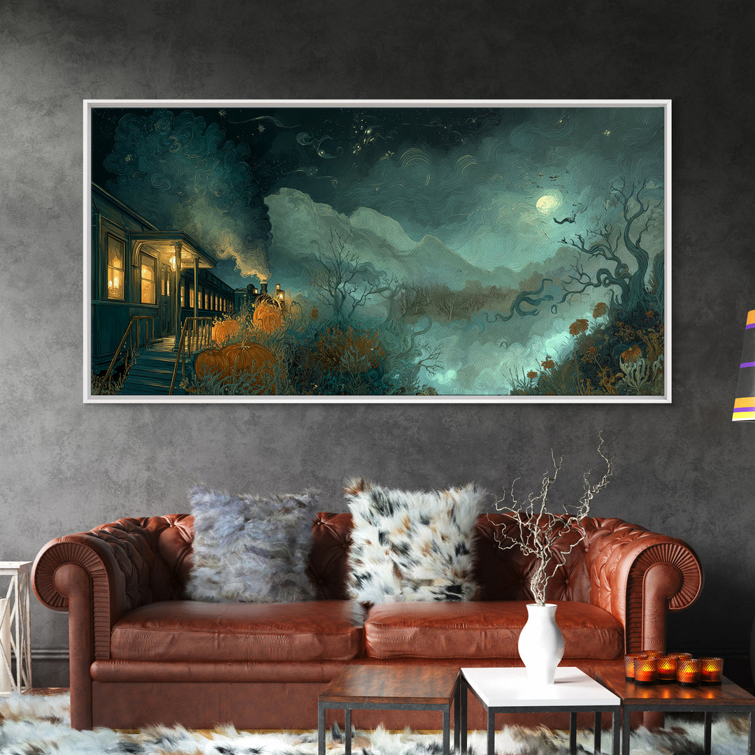 The Phantom Train To Kadath, Dark Fantasy Wall Art, Wide Panoramic Art, Canvas Print, Halloween Home Decor, Gothic Wall Art, Horror Wall Art