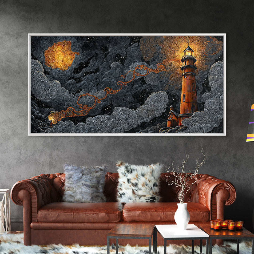 The Last Lighthouse Of Y’Ha-Nthlei, Dark Fantasy Wall Art, Wide Panoramic Art, Framed Canvas Print, Halloween Home Decor, Gothic Wall Art