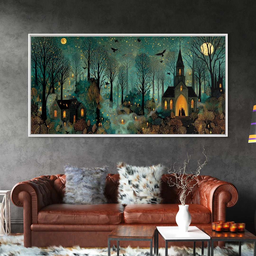 The Raven Sermon Of Leng, Halloween Wall Art, Wide Panoramic Art, Framed Canvas Print, Halloween Home Decor, Gothic Wall Art
