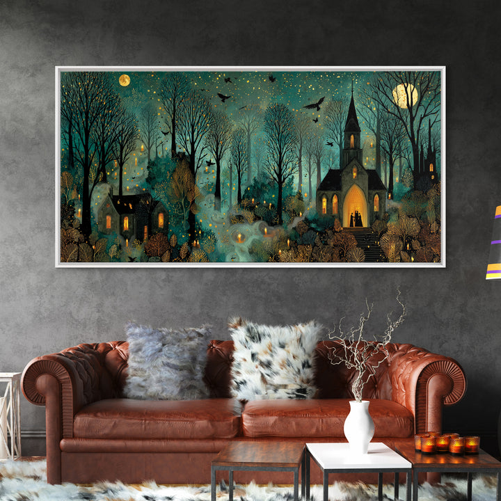 The Raven Sermon Of Leng, Halloween Wall Art, Wide Panoramic Art, Framed Canvas Print, Halloween Home Decor, Gothic Wall Art