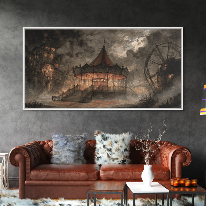 The Carousel Of Sleeping Planets, Macabre Halloween Art, Wide Panoramic Art, Framed Canvas Print, Halloween Home Decor, Gothic Wall Art