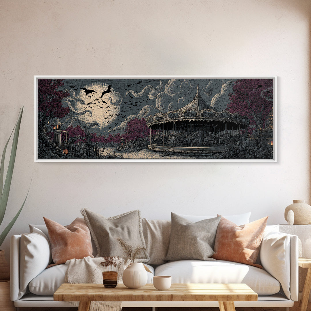 The Carousel Of Sleeping Planets, Macabre Halloween Art, Extra Wide Wall Art, Canvas Print, Halloween Home Decor, Gothic Wall Art