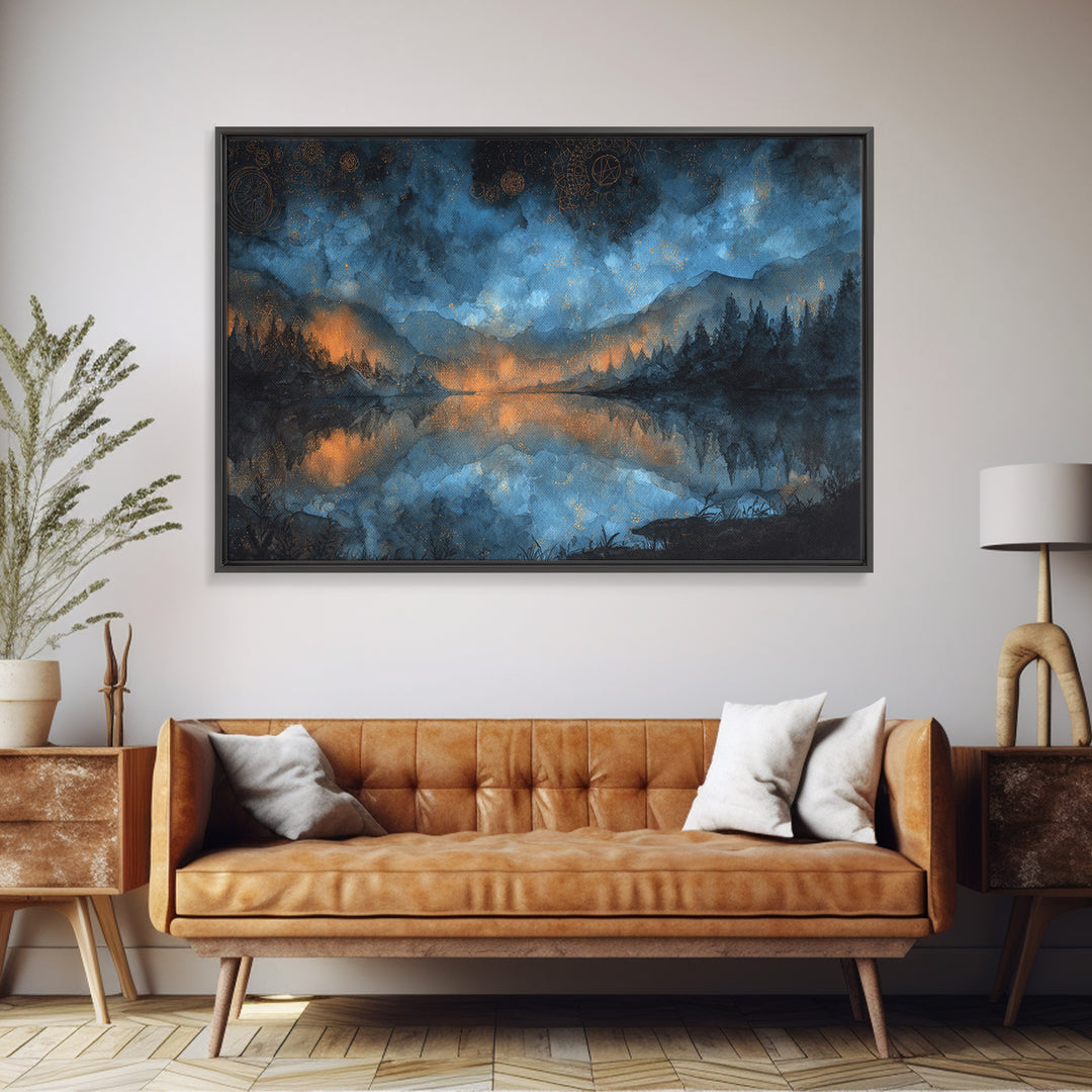 The Mirror Lake Of Lost Constellations, Cosmic Horror Decor, Landscape Wall Art, Framed Canvas Print, Halloween Home Decor, Gothic Wall Art