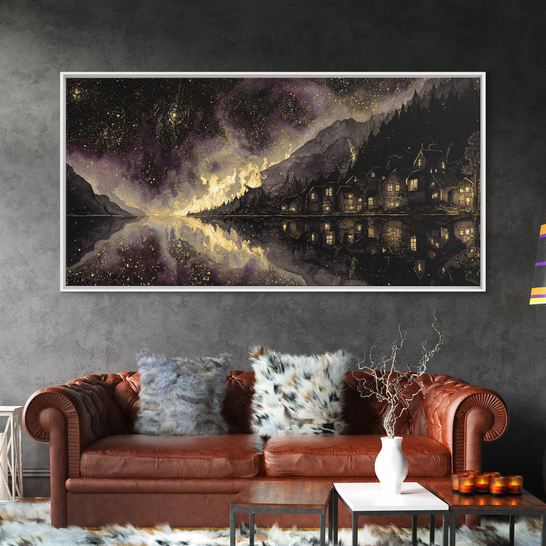The Mirror Lake Of Lost Constellations, Macabre Halloween Art, Wide Panoramic Art, Canvas Print, Halloween Home Decor, Gothic Wall Art