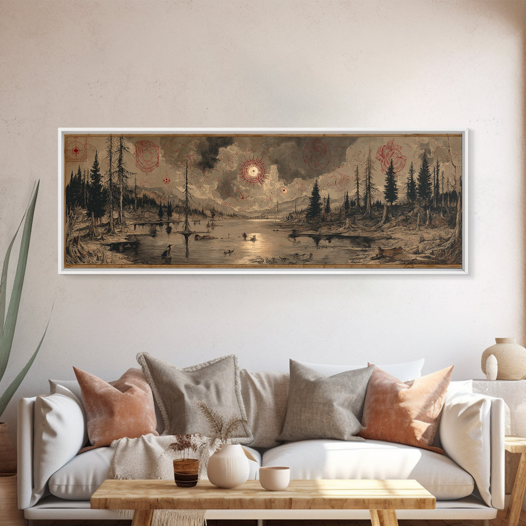 The Mirror Lake Of Lost Constellations, Occult Wall Decor, Extra Wide Wall Art, Framed Canvas Print, Halloween Home Decor, Gothic Wall Art