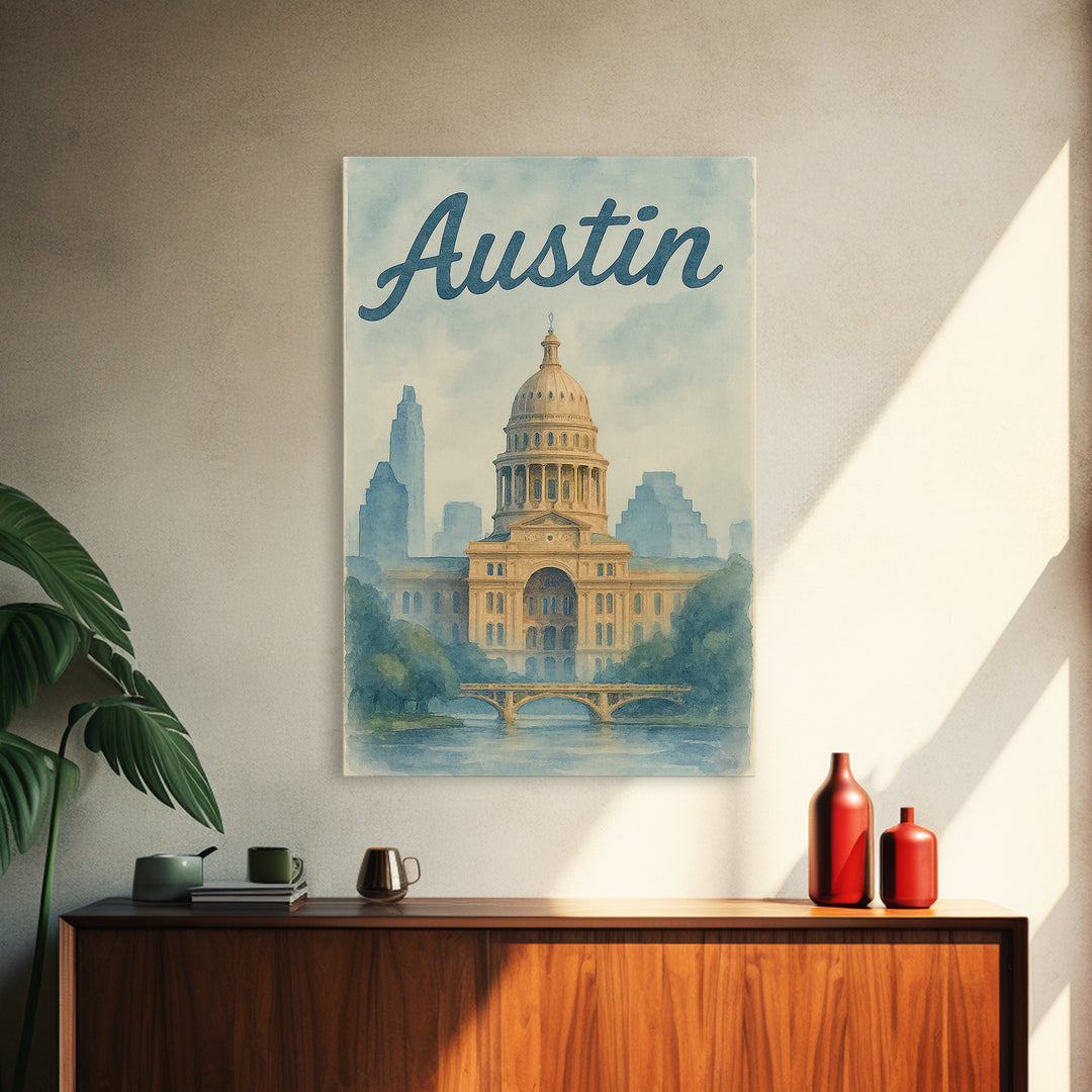 Austin Travel Poster, Canvas Print, Painted Travel Poster Art, Austin City Art, Gift For Travelers, Fine Art Print, City Travel Prints