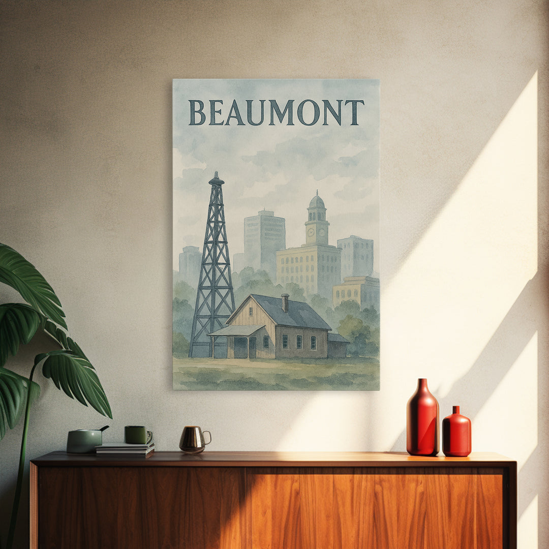 Beaumont Texas Travel Poster, Canvas Print, Painted Travel Poster Art, Beaumont Travel Art, Watercolor Urban Skyline, Living Room Wall Art